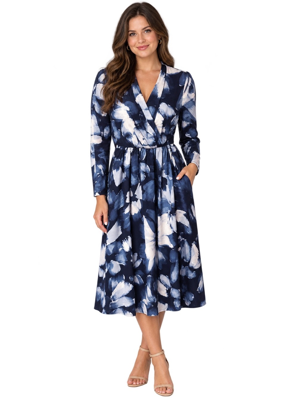 Donna Karan Navy and White Floral Wrap Midi Dress